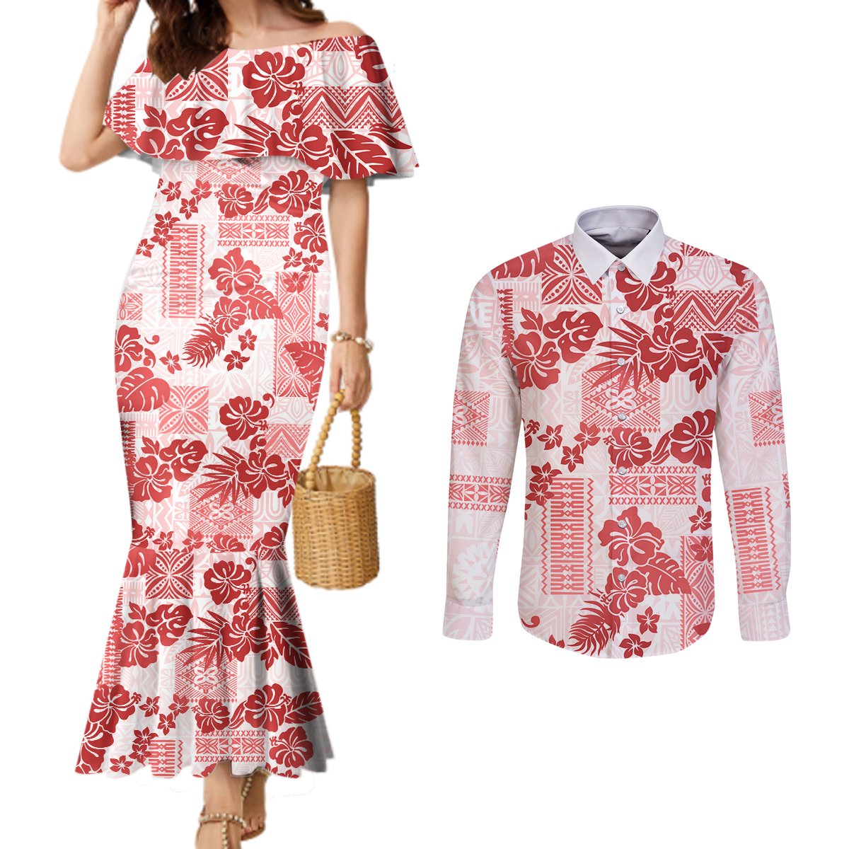 vintage-hawaii-couples-matching-mermaid-dress-and-long-sleeve-button-shirt-hibiscus-tapa-tribal-with-hawaiian-quilt-pattern-red