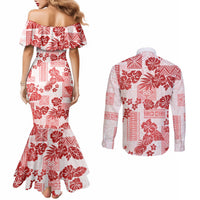 vintage-hawaii-couples-matching-mermaid-dress-and-long-sleeve-button-shirt-hibiscus-tapa-tribal-with-hawaiian-quilt-pattern-red