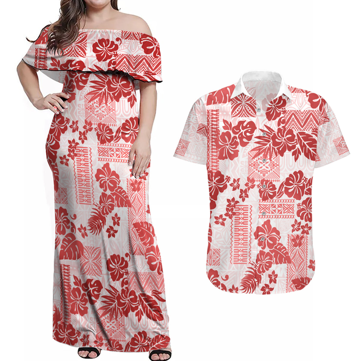 Vintage Hawaii Couples Matching Off Shoulder Maxi Dress and Hawaiian Shirt Hibiscus Tapa Tribal With Hawaiian Quilt Pattern Red LT9 - Wonder Print Shop