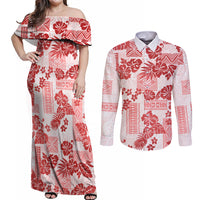 Vintage Hawaii Couples Matching Off Shoulder Maxi Dress and Long Sleeve Button Shirt Hibiscus Tapa Tribal With Hawaiian Quilt Pattern Red LT9 - Wonder Print Shop