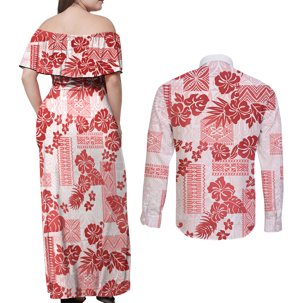 Vintage Hawaii Couples Matching Off Shoulder Maxi Dress and Long Sleeve Button Shirt Hibiscus Tapa Tribal With Hawaiian Quilt Pattern Red LT9 - Wonder Print Shop