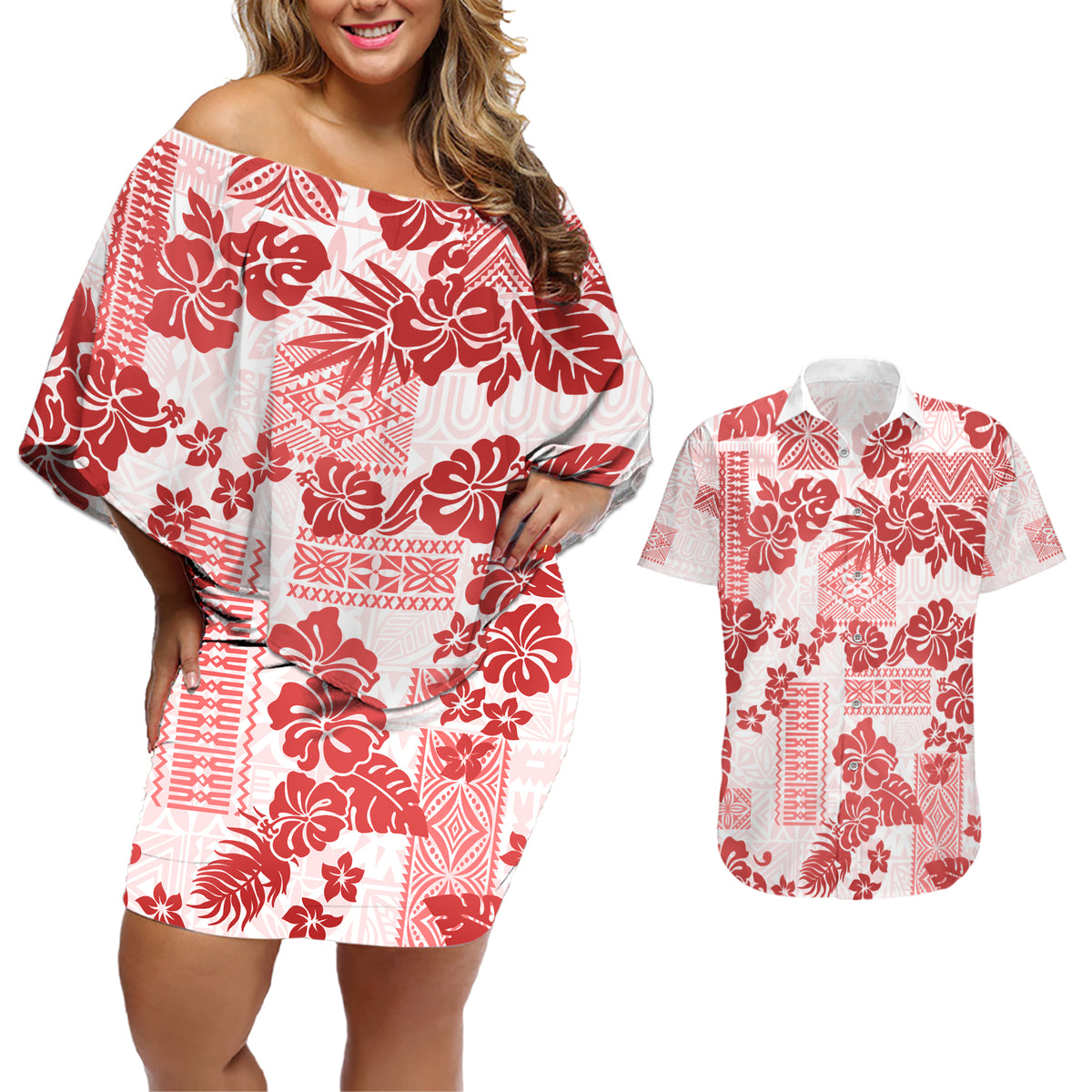 Vintage Hawaii Couples Matching Off Shoulder Short Dress and Hawaiian Shirt Hibiscus Tapa Tribal With Hawaiian Quilt Pattern Red LT9 - Wonder Print Shop
