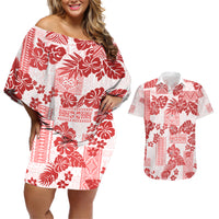 Vintage Hawaii Couples Matching Off Shoulder Short Dress and Hawaiian Shirt Hibiscus Tapa Tribal With Hawaiian Quilt Pattern Red LT9 - Wonder Print Shop