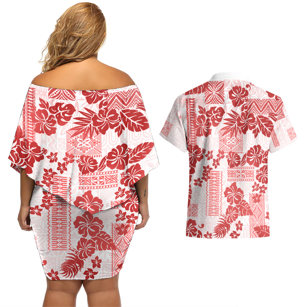 Vintage Hawaii Couples Matching Off Shoulder Short Dress and Hawaiian Shirt Hibiscus Tapa Tribal With Hawaiian Quilt Pattern Red LT9 - Wonder Print Shop