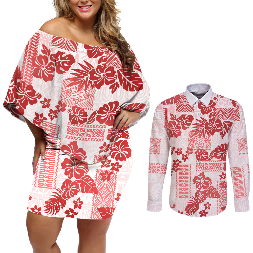 Vintage Hawaii Couples Matching Off Shoulder Short Dress and Long Sleeve Button Shirt Hibiscus Tapa Tribal With Hawaiian Quilt Pattern Red LT9 - Wonder Print Shop