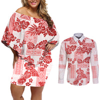 Vintage Hawaii Couples Matching Off Shoulder Short Dress and Long Sleeve Button Shirt Hibiscus Tapa Tribal With Hawaiian Quilt Pattern Red LT9 - Wonder Print Shop