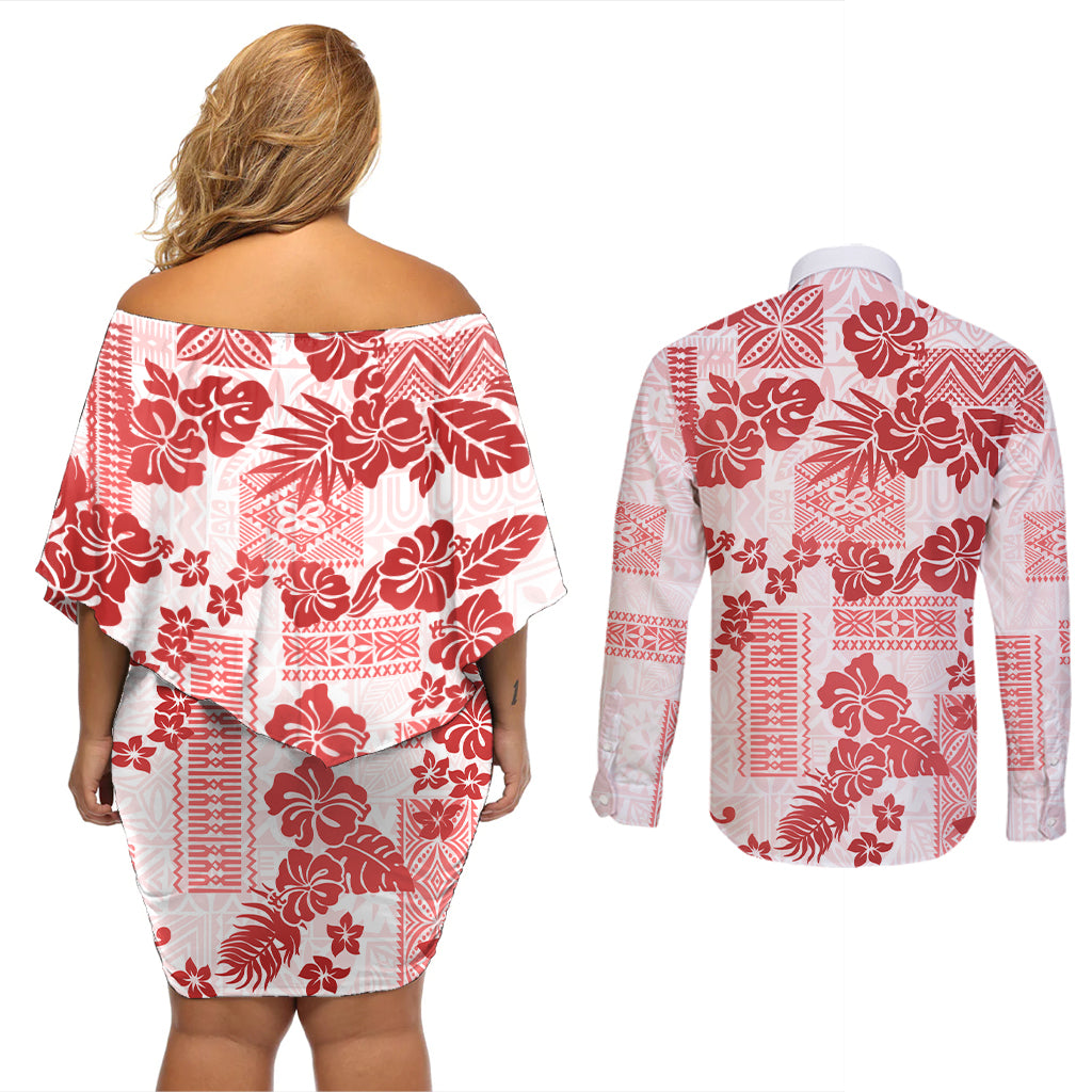 Vintage Hawaii Couples Matching Off Shoulder Short Dress and Long Sleeve Button Shirt Hibiscus Tapa Tribal With Hawaiian Quilt Pattern Red LT9 - Wonder Print Shop