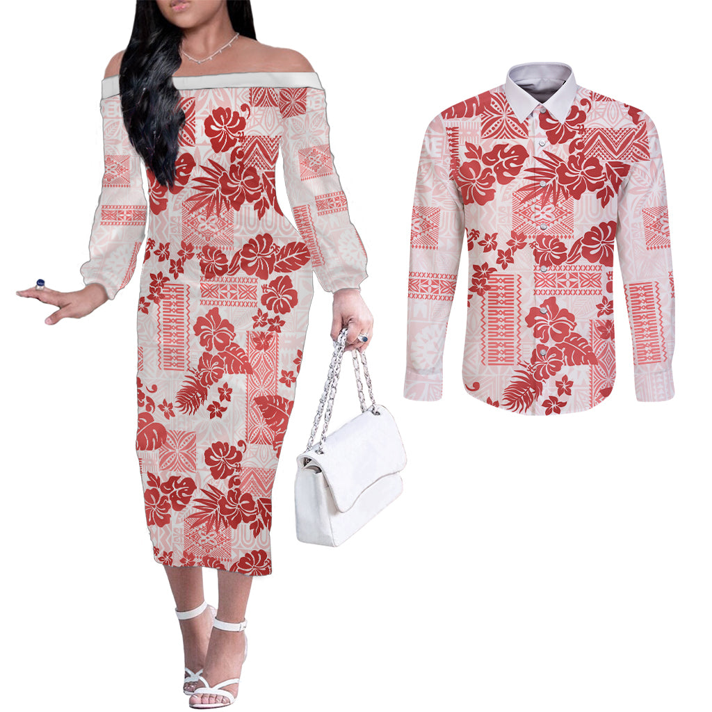 vintage-hawaii-couples-matching-off-the-shoulder-long-sleeve-dress-and-long-sleeve-button-shirt-hibiscus-tapa-tribal-with-hawaiian-quilt-pattern-red