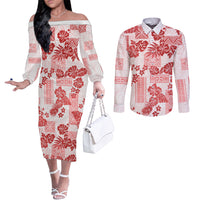vintage-hawaii-couples-matching-off-the-shoulder-long-sleeve-dress-and-long-sleeve-button-shirt-hibiscus-tapa-tribal-with-hawaiian-quilt-pattern-red