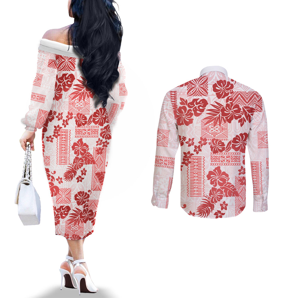 vintage-hawaii-couples-matching-off-the-shoulder-long-sleeve-dress-and-long-sleeve-button-shirt-hibiscus-tapa-tribal-with-hawaiian-quilt-pattern-red