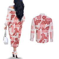 vintage-hawaii-couples-matching-off-the-shoulder-long-sleeve-dress-and-long-sleeve-button-shirt-hibiscus-tapa-tribal-with-hawaiian-quilt-pattern-red
