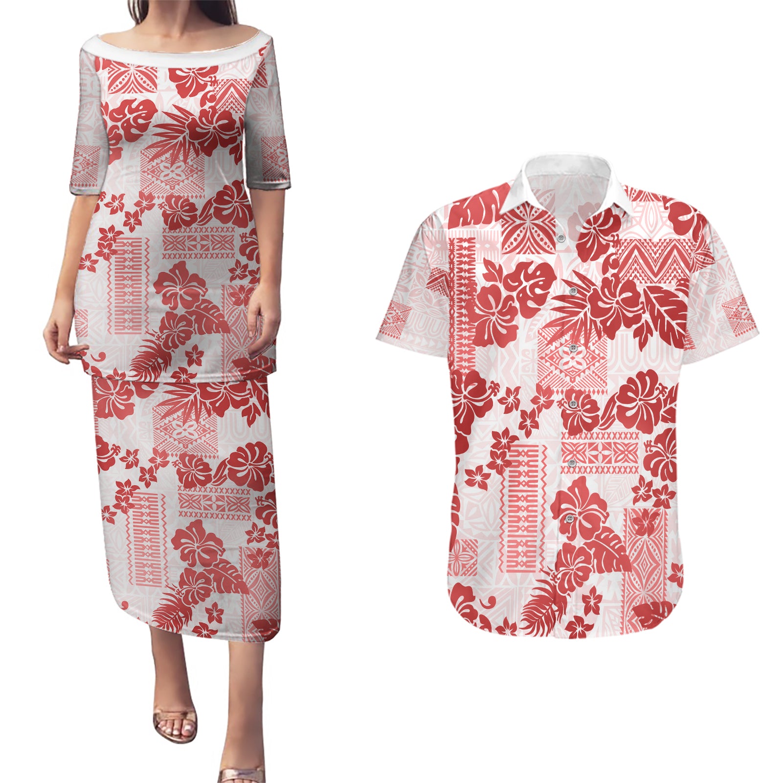Vintage Hawaii Couples Matching Puletasi Dress and Hawaiian Shirt Hibiscus Tapa Tribal With Hawaiian Quilt Pattern Red LT9 - Wonder Print Shop