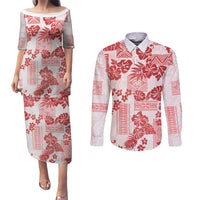 Vintage Hawaii Couples Matching Puletasi Dress and Long Sleeve Button Shirt Hibiscus Tapa Tribal With Hawaiian Quilt Pattern Red LT9 - Wonder Print Shop