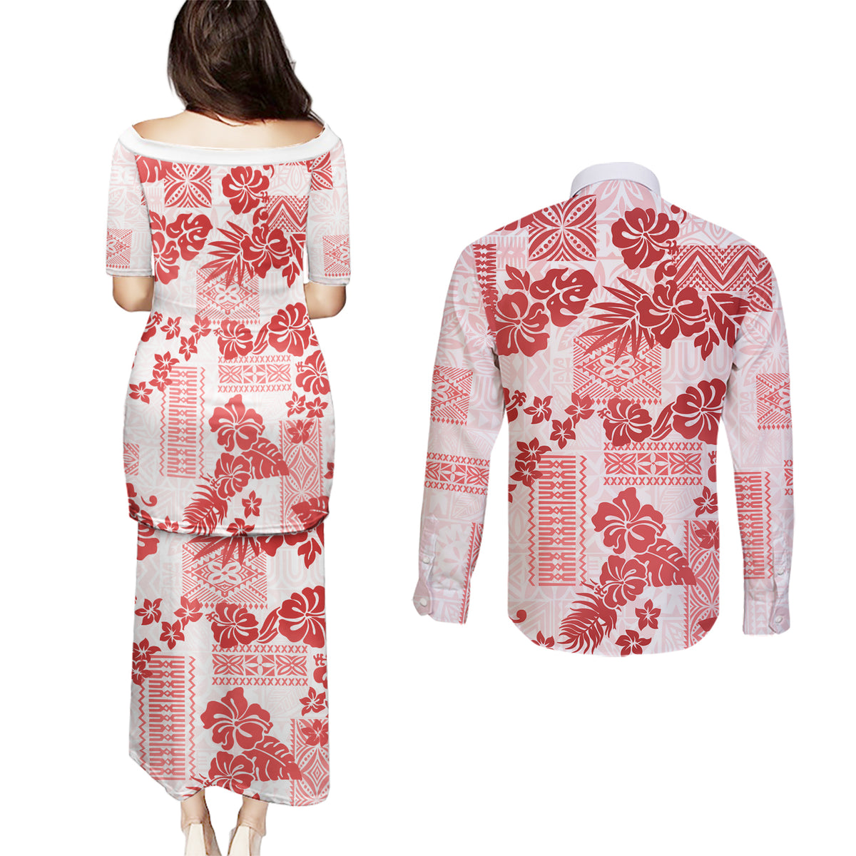 Vintage Hawaii Couples Matching Puletasi Dress and Long Sleeve Button Shirt Hibiscus Tapa Tribal With Hawaiian Quilt Pattern Red LT9 - Wonder Print Shop