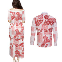 Vintage Hawaii Couples Matching Puletasi Dress and Long Sleeve Button Shirt Hibiscus Tapa Tribal With Hawaiian Quilt Pattern Red LT9 - Wonder Print Shop