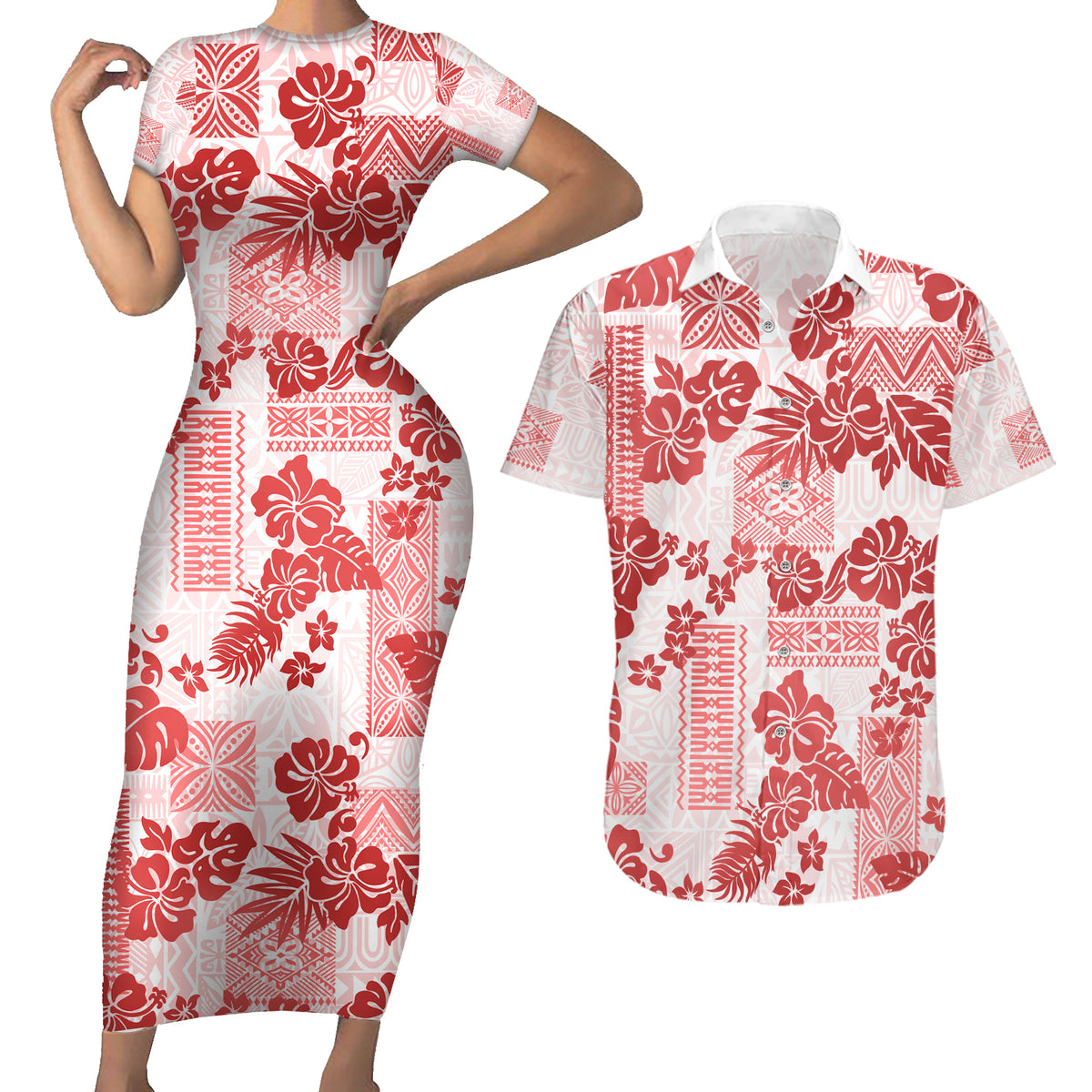 Vintage Hawaii Couples Matching Short Sleeve Bodycon Dress and Hawaiian Shirt Hibiscus Tapa Tribal With Hawaiian Quilt Pattern Red LT9 - Wonder Print Shop