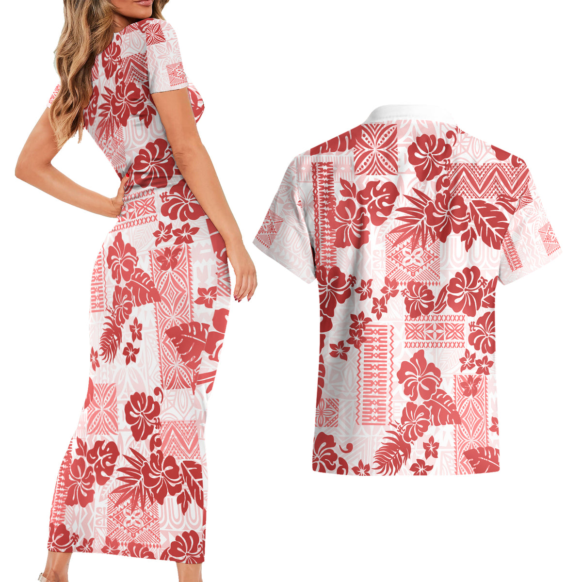 Vintage Hawaii Couples Matching Short Sleeve Bodycon Dress and Hawaiian Shirt Hibiscus Tapa Tribal With Hawaiian Quilt Pattern Red LT9 - Wonder Print Shop