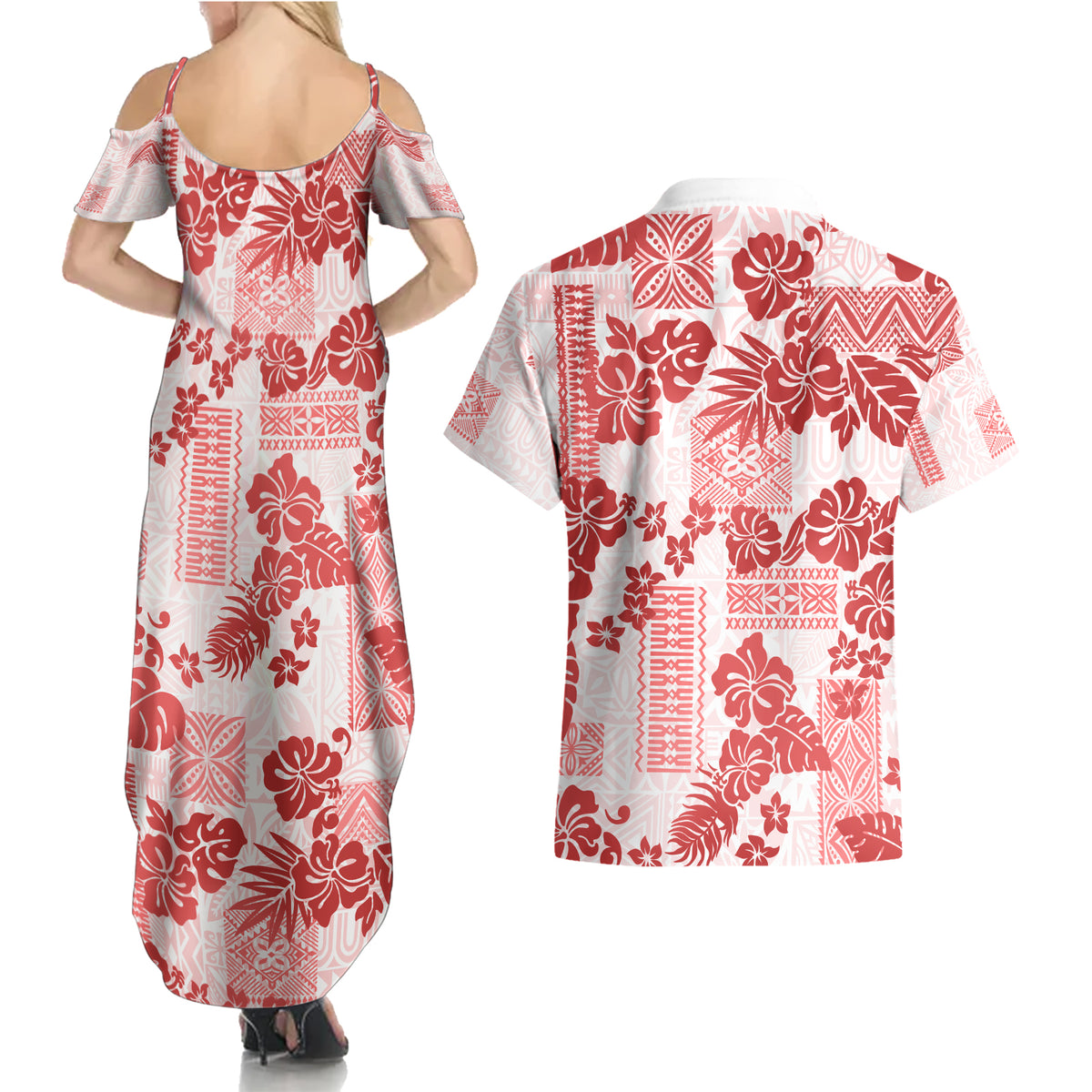 Vintage Hawaii Couples Matching Summer Maxi Dress and Hawaiian Shirt Hibiscus Tapa Tribal With Hawaiian Quilt Pattern Red LT9 - Wonder Print Shop