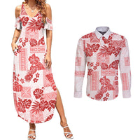 Vintage Hawaii Couples Matching Summer Maxi Dress and Long Sleeve Button Shirt Hibiscus Tapa Tribal With Hawaiian Quilt Pattern Red LT9 - Wonder Print Shop
