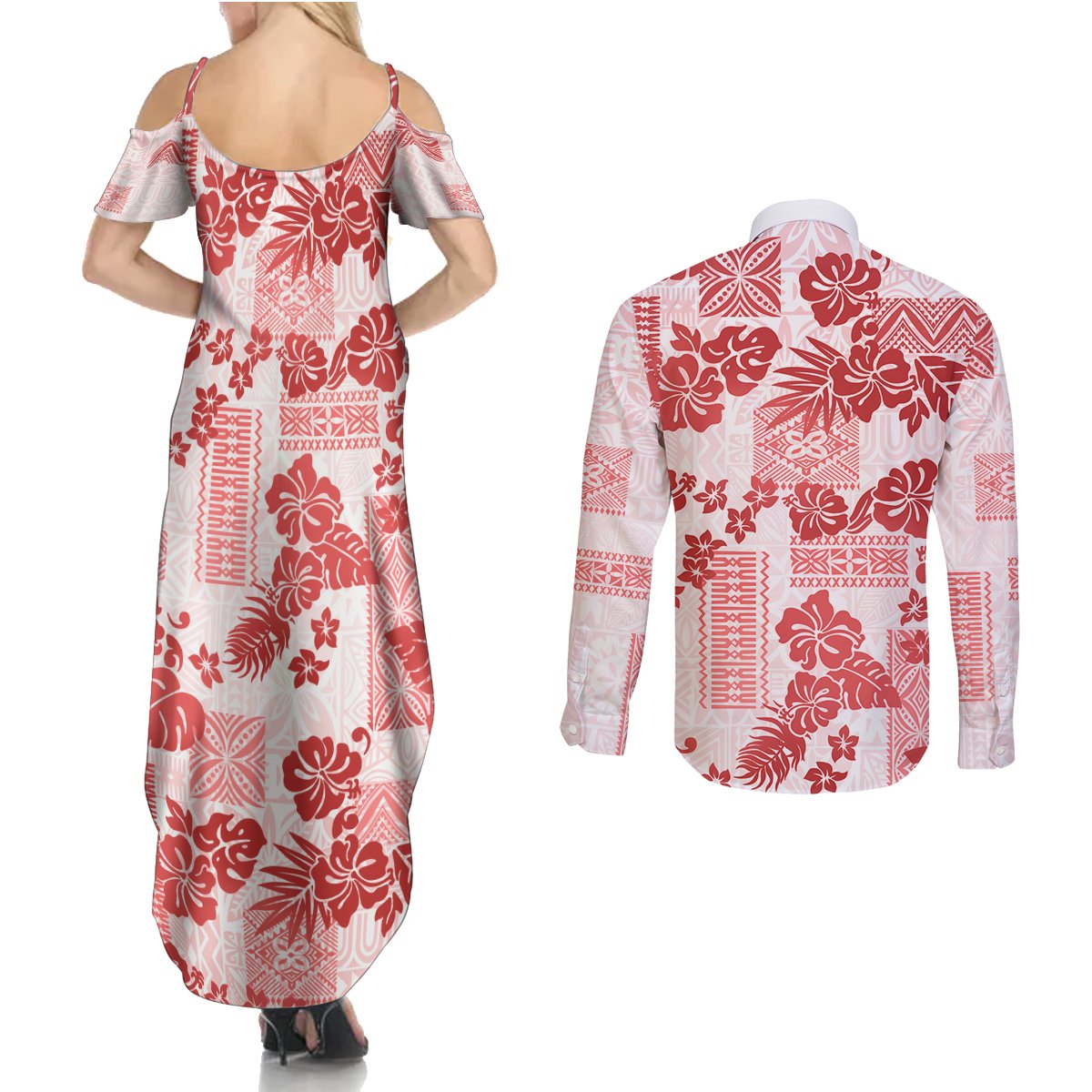 Vintage Hawaii Couples Matching Summer Maxi Dress and Long Sleeve Button Shirt Hibiscus Tapa Tribal With Hawaiian Quilt Pattern Red LT9 - Wonder Print Shop
