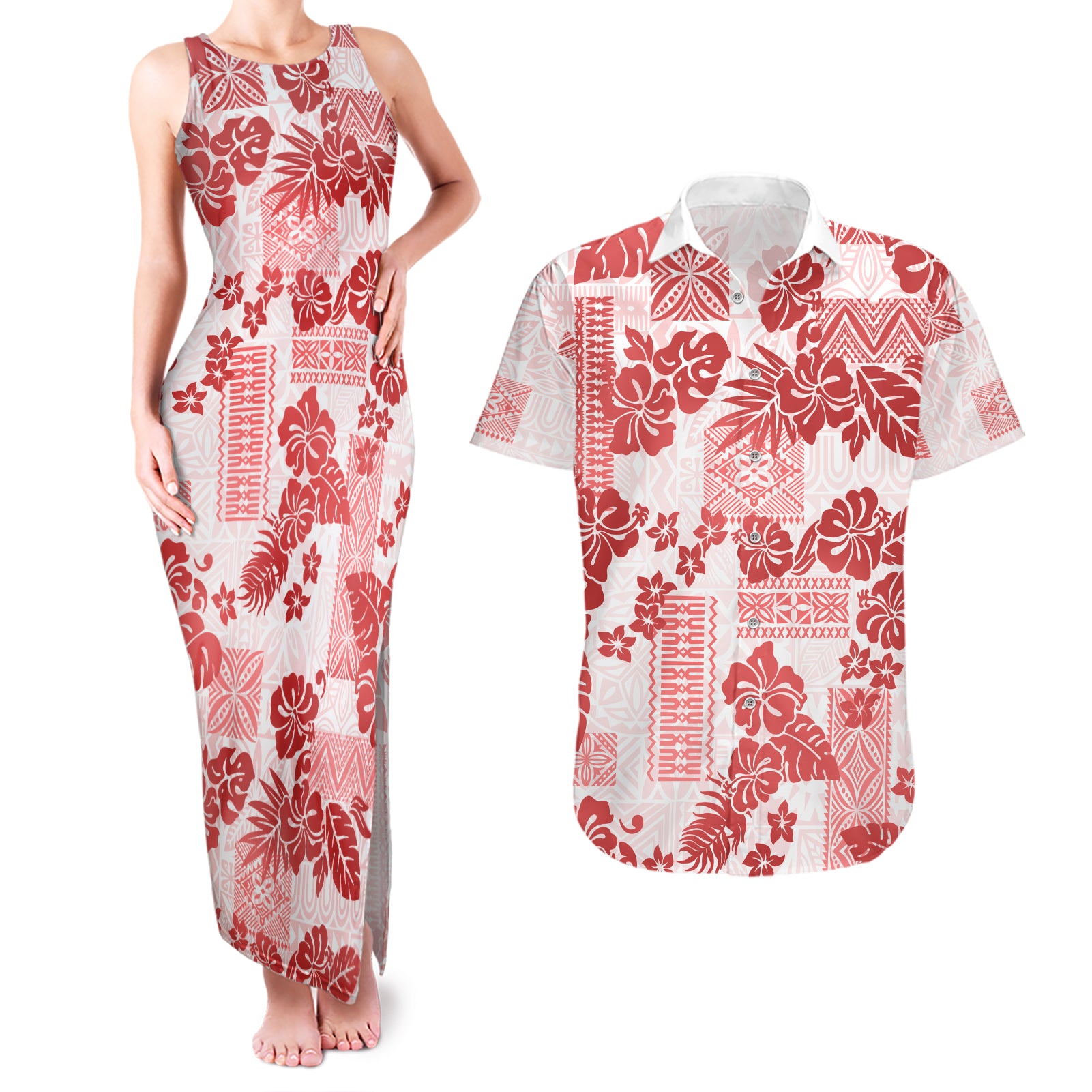 Vintage Hawaii Couples Matching Tank Maxi Dress and Hawaiian Shirt Hibiscus Tapa Tribal With Hawaiian Quilt Pattern Red LT9 - Wonder Print Shop