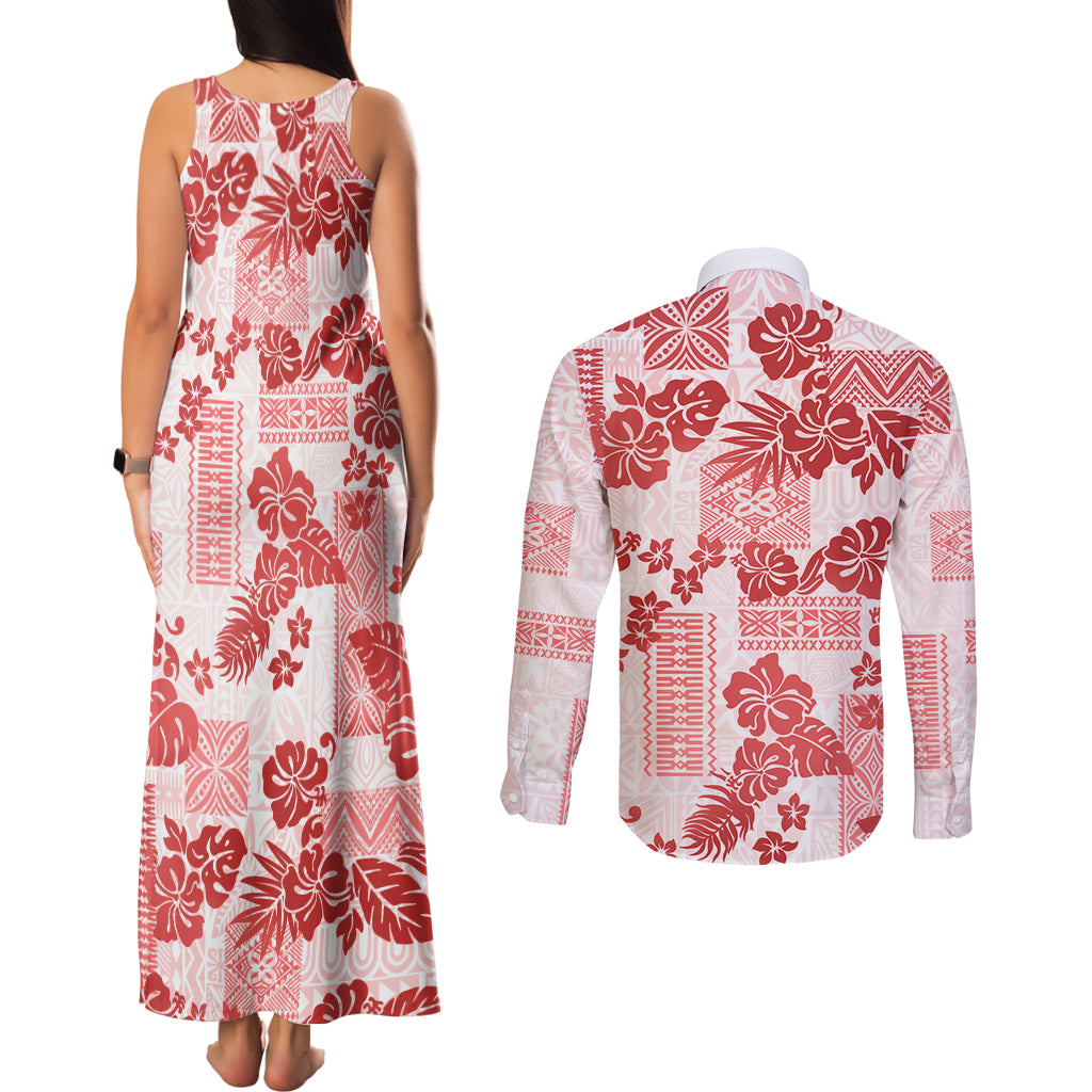 Vintage Hawaii Couples Matching Tank Maxi Dress and Long Sleeve Button Shirt Hibiscus Tapa Tribal With Hawaiian Quilt Pattern Red LT9 - Wonder Print Shop