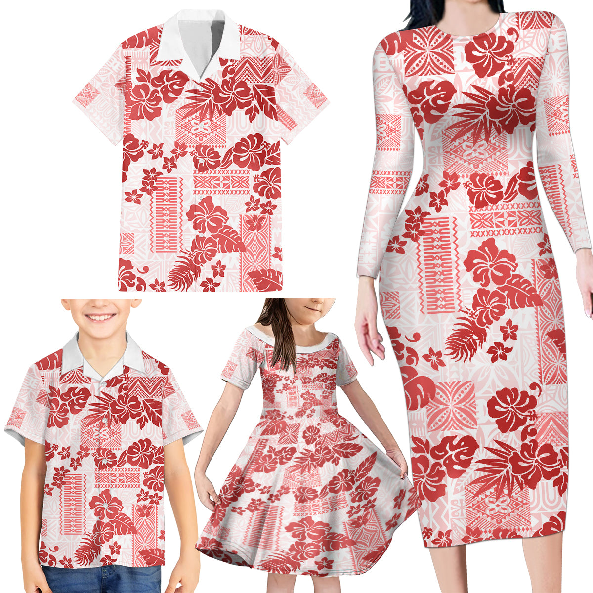 Vintage Hawaii Family Matching Long Sleeve Bodycon Dress and Hawaiian Shirt Hibiscus Tapa Tribal With Hawaiian Quilt Pattern Red LT9 - Wonder Print Shop