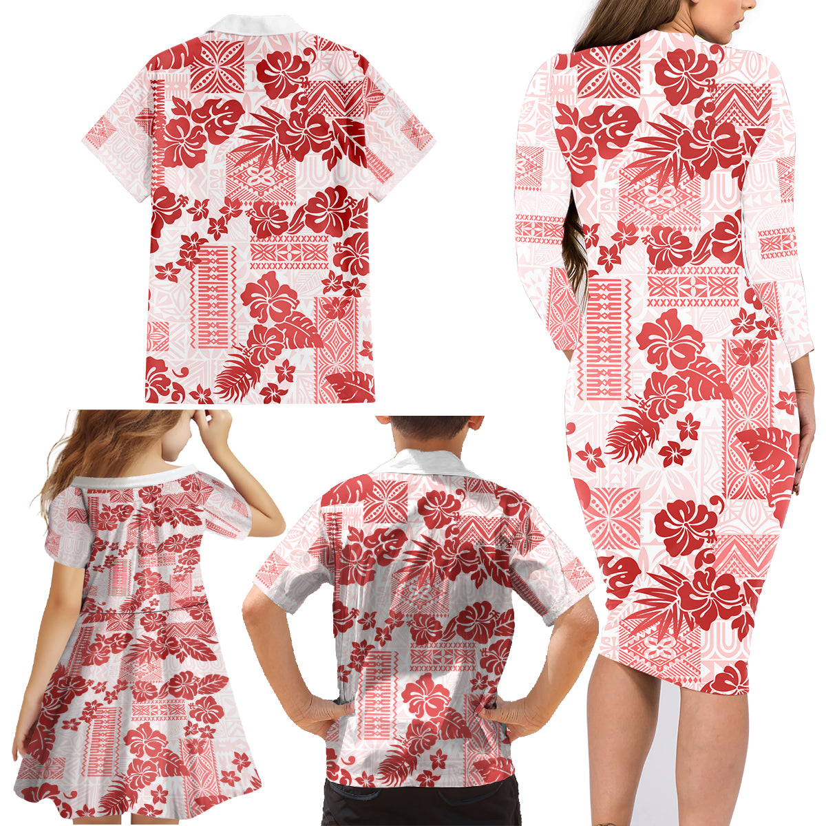 Vintage Hawaii Family Matching Long Sleeve Bodycon Dress and Hawaiian Shirt Hibiscus Tapa Tribal With Hawaiian Quilt Pattern Red LT9 - Wonder Print Shop