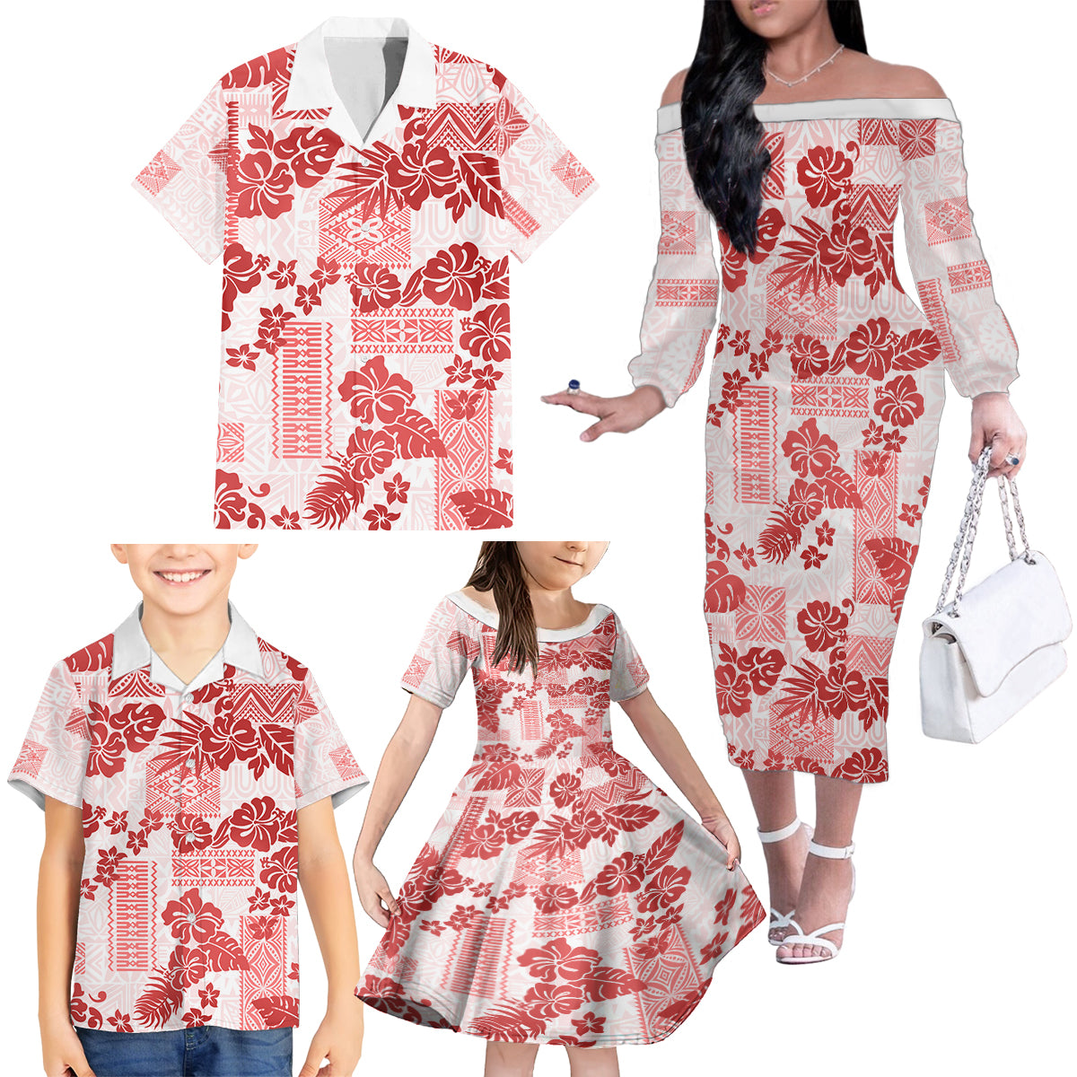 Vintage Hawaii Family Matching Off Shoulder Long Sleeve Dress and Hawaiian Shirt Hibiscus Tapa Tribal With Hawaiian Quilt Pattern Red - Wonder Print Shop