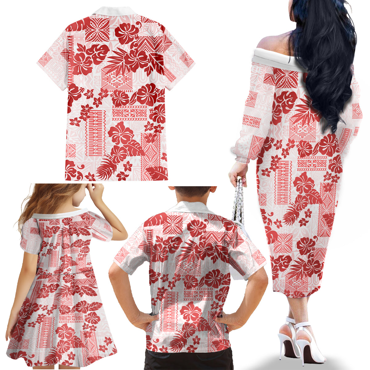 Vintage Hawaii Family Matching Off Shoulder Long Sleeve Dress and Hawaiian Shirt Hibiscus Tapa Tribal With Hawaiian Quilt Pattern Red - Wonder Print Shop