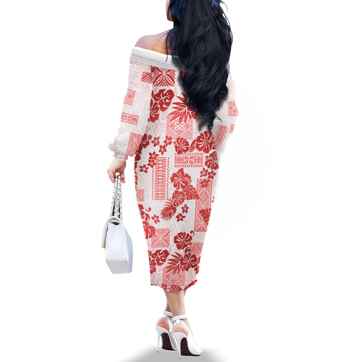 Vintage Hawaii Family Matching Off Shoulder Long Sleeve Dress and Hawaiian Shirt Hibiscus Tapa Tribal With Hawaiian Quilt Pattern Red - Wonder Print Shop