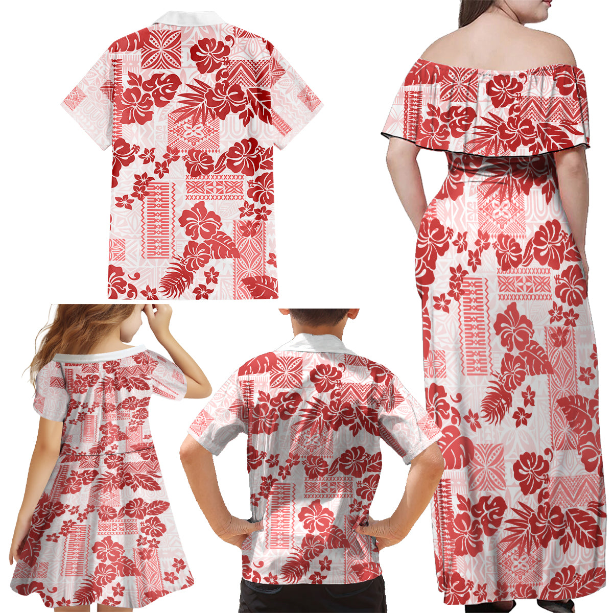 Vintage Hawaii Family Matching Off Shoulder Maxi Dress and Hawaiian Shirt Hibiscus Tapa Tribal With Hawaiian Quilt Pattern Red LT9 - Wonder Print Shop