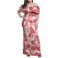 Vintage Hawaii Family Matching Off Shoulder Maxi Dress and Hawaiian Shirt Hibiscus Tapa Tribal With Hawaiian Quilt Pattern Red LT9 - Wonder Print Shop