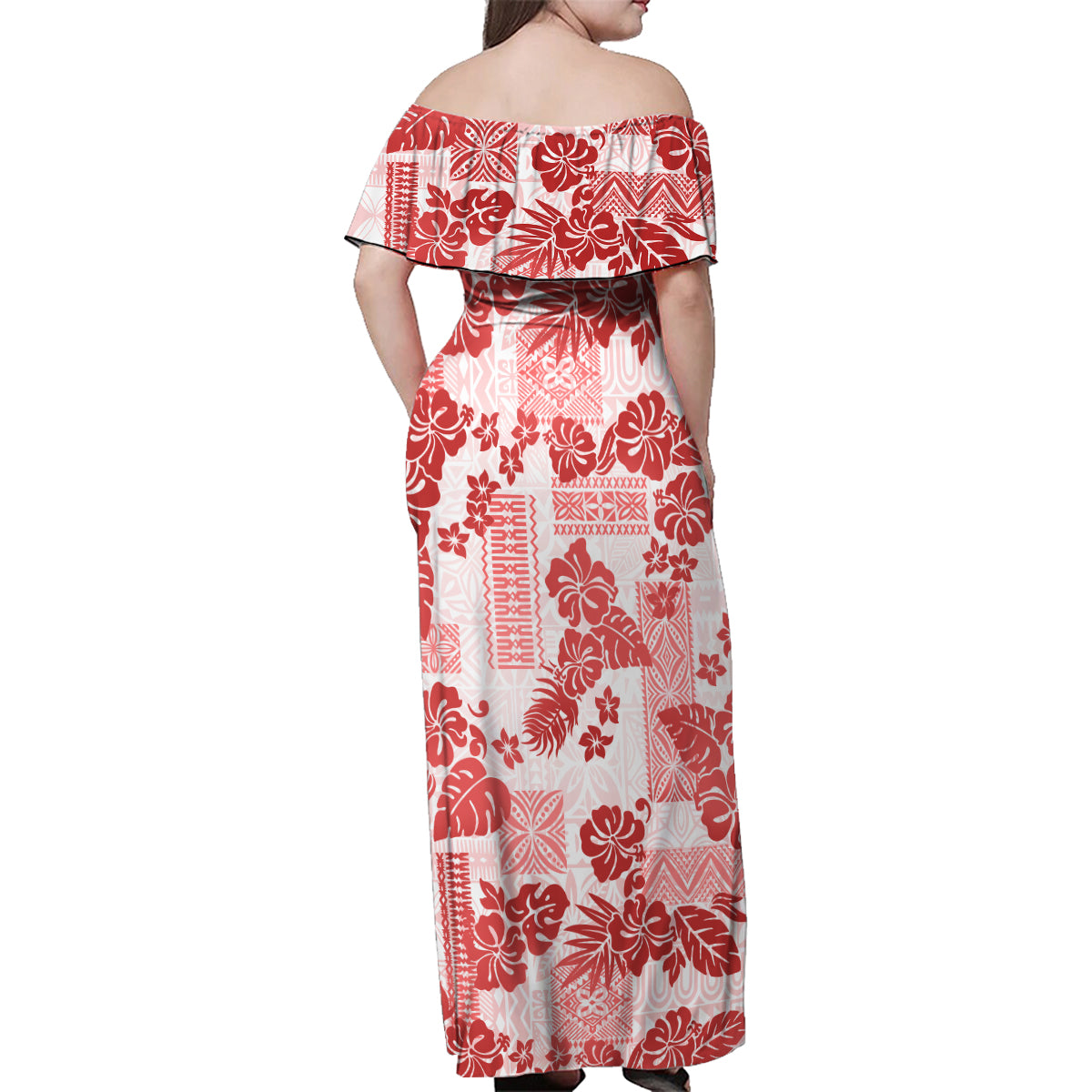Vintage Hawaii Family Matching Off Shoulder Maxi Dress and Hawaiian Shirt Hibiscus Tapa Tribal With Hawaiian Quilt Pattern Red LT9 - Wonder Print Shop