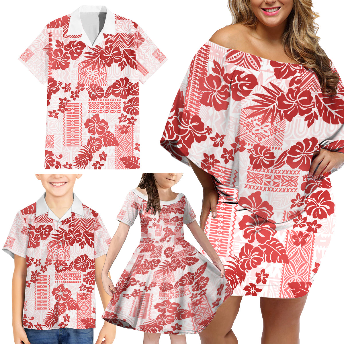 Vintage Hawaii Family Matching Off Shoulder Short Dress and Hawaiian Shirt Hibiscus Tapa Tribal With Hawaiian Quilt Pattern Red LT9 - Wonder Print Shop