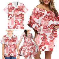 Vintage Hawaii Family Matching Off Shoulder Short Dress and Hawaiian Shirt Hibiscus Tapa Tribal With Hawaiian Quilt Pattern Red LT9 - Wonder Print Shop