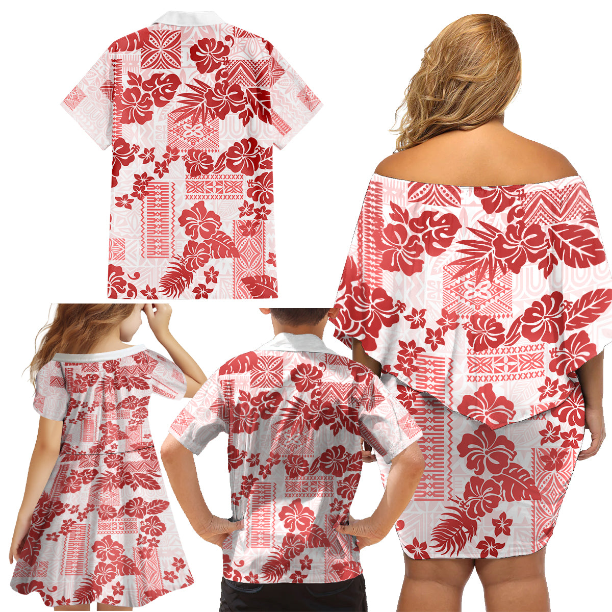 Vintage Hawaii Family Matching Off Shoulder Short Dress and Hawaiian Shirt Hibiscus Tapa Tribal With Hawaiian Quilt Pattern Red LT9 - Wonder Print Shop