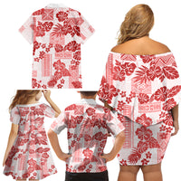 Vintage Hawaii Family Matching Off Shoulder Short Dress and Hawaiian Shirt Hibiscus Tapa Tribal With Hawaiian Quilt Pattern Red LT9 - Wonder Print Shop