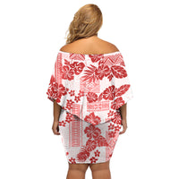 Vintage Hawaii Family Matching Off Shoulder Short Dress and Hawaiian Shirt Hibiscus Tapa Tribal With Hawaiian Quilt Pattern Red LT9 - Wonder Print Shop