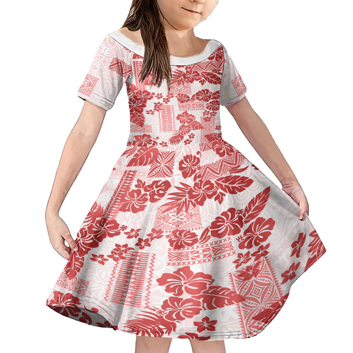 Vintage Hawaii Family Matching Puletasi Dress and Hawaiian Shirt Hibiscus Tapa Tribal With Hawaiian Quilt Pattern Red - Wonder Print Shop