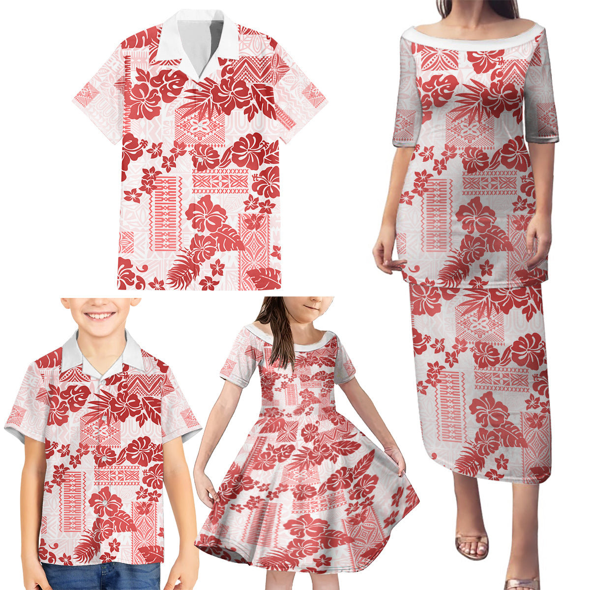 Vintage Hawaii Family Matching Puletasi Dress and Hawaiian Shirt Hibiscus Tapa Tribal With Hawaiian Quilt Pattern Red - Wonder Print Shop