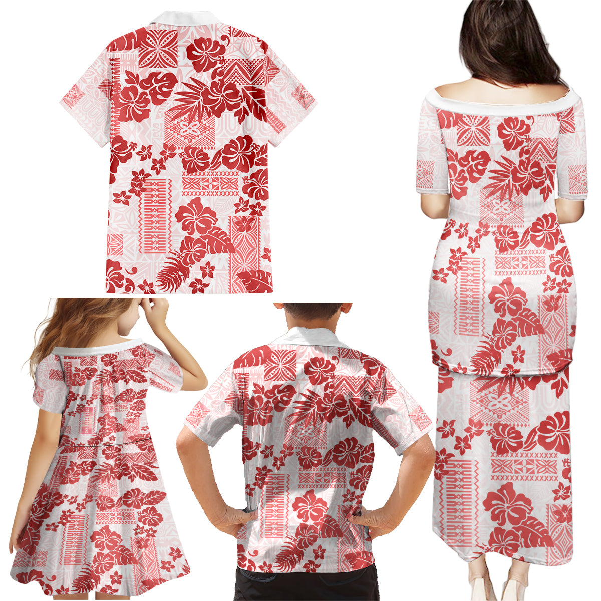 Vintage Hawaii Family Matching Puletasi Dress and Hawaiian Shirt Hibiscus Tapa Tribal With Hawaiian Quilt Pattern Red - Wonder Print Shop