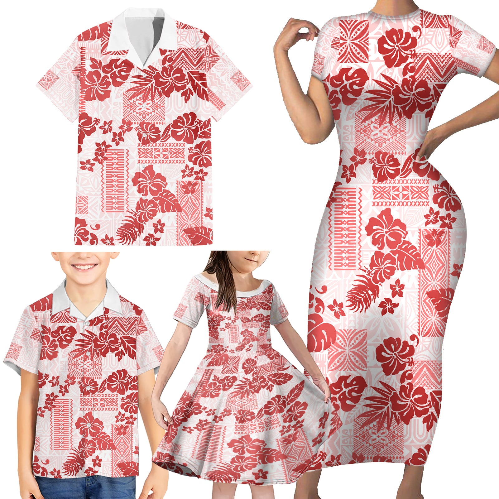 Vintage Hawaii Family Matching Short Sleeve Bodycon Dress and Hawaiian Shirt Hibiscus Tapa Tribal With Hawaiian Quilt Pattern Red - Wonder Print Shop