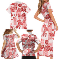 Vintage Hawaii Family Matching Short Sleeve Bodycon Dress and Hawaiian Shirt Hibiscus Tapa Tribal With Hawaiian Quilt Pattern Red - Wonder Print Shop