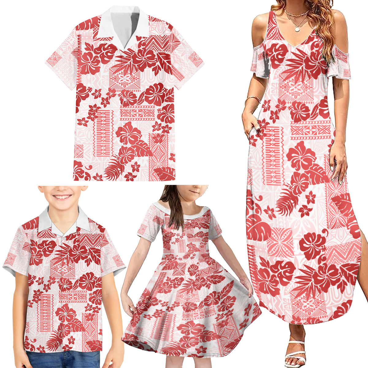 Vintage Hawaii Family Matching Summer Maxi Dress and Hawaiian Shirt Hibiscus Tapa Tribal With Hawaiian Quilt Pattern Red - Wonder Print Shop