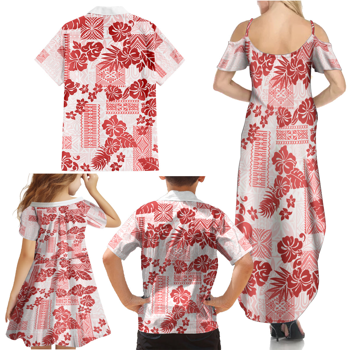 Vintage Hawaii Family Matching Summer Maxi Dress and Hawaiian Shirt Hibiscus Tapa Tribal With Hawaiian Quilt Pattern Red - Wonder Print Shop