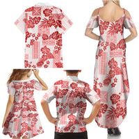 Vintage Hawaii Family Matching Summer Maxi Dress and Hawaiian Shirt Hibiscus Tapa Tribal With Hawaiian Quilt Pattern Red - Wonder Print Shop