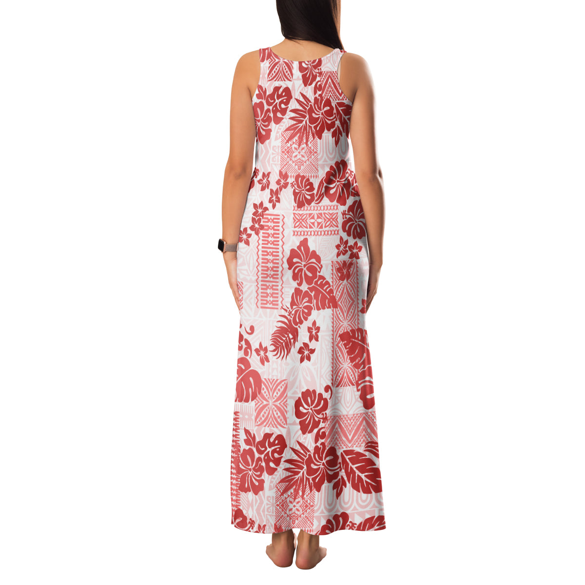 Vintage Hawaii Family Matching Tank Maxi Dress and Hawaiian Shirt Hibiscus Tapa Tribal With Hawaiian Quilt Pattern Red - Wonder Print Shop