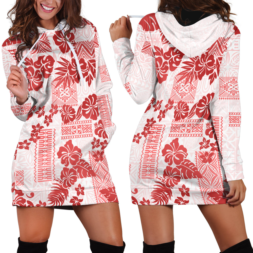 Vintage Hawaii Hoodie Dress Hibiscus Tapa Tribal With Hawaiian Quilt Pattern Red - Wonder Print Shop