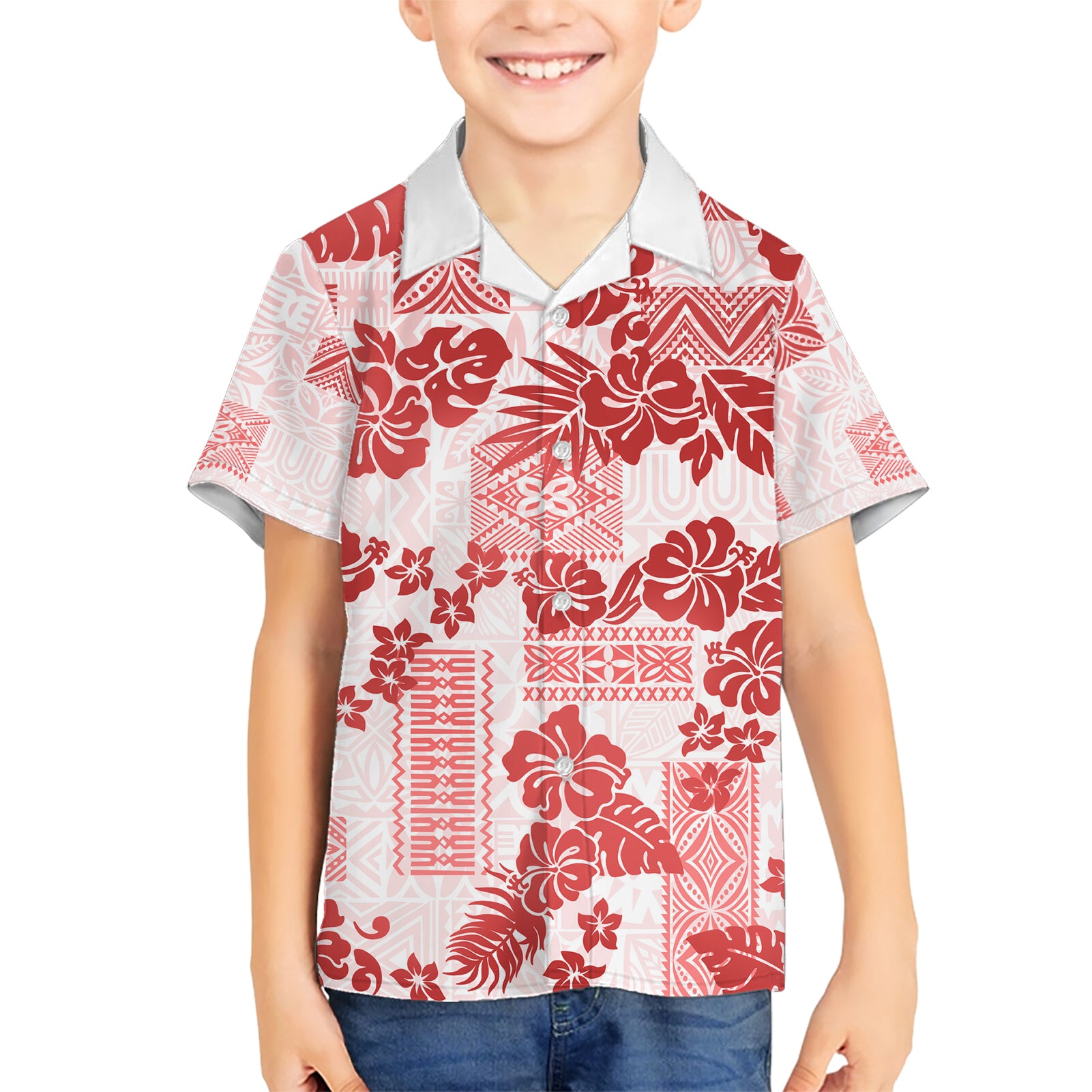 Vintage Hawaii Kid Hawaiian Shirt Hibiscus Tapa Tribal With Hawaiian Quilt Pattern Red - Wonder Print Shop
